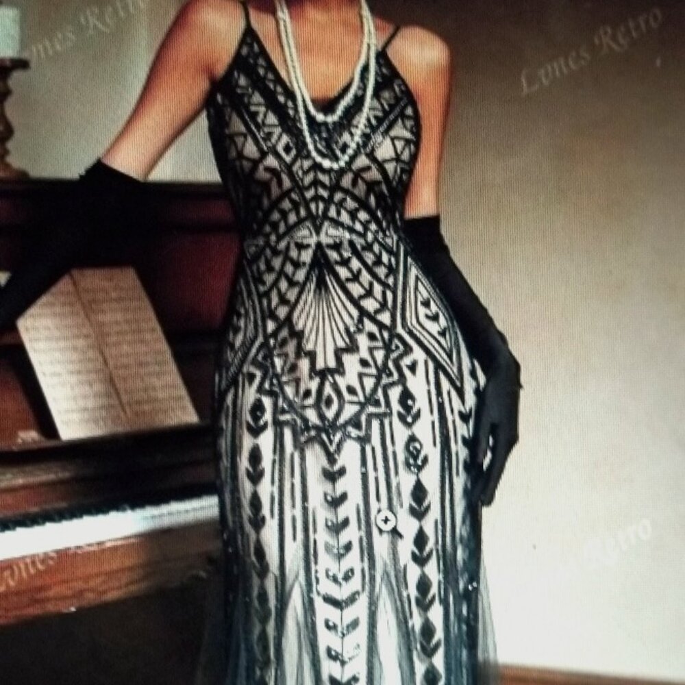 1920's Gatsby Black Mesh Flapper Gown